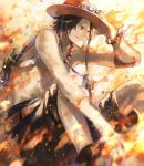  bag black_eyes black_shorts boots bracelet brown_eyes brown_footwear commentary_request fire freckles grin hat highres jewelry on_ground one_piece portgas_d_ace shorts sitting smile tsugutoku yellow_background 