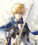  armor arthur_pendragon_(fate) blonde_hair blue_cape cape commentary_request fate/prototype fate_(series) green_eyes grey_background highres holding holding_sword holding_weapon long_sleeves male_focus smile solo sword tsugutoku weapon white_background 