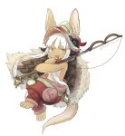  ambiguous_gender animal_ears artist_name blush eyebrows_visible_through_hair fishing_rod full_body highres holding holding_fishing_rod kawasemi27 long_hair looking_at_another made_in_abyss nanachi_(made_in_abyss) parted_lips plank smile twitter_username white_hair yellow_eyes 