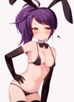  animal_ears bikini black_bikini black_gloves black_legwear black_neckwear blush bow bowtie breasts bunny_ears closed_mouth commentary_request detached_collar elbow_gloves fake_animal_ears gloves grey_background hand_on_hip highres looking_at_viewer medium_breasts navel pretty_(series) pripara purple_hair short_hair side_ponytail simple_background smile solo sparkle standing swimsuit thighhighs tiger_rmn toudou_shion yellow_eyes 