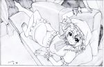 ascot barefoot black_border border closed_mouth couch curtains dated graphite_(medium) greyscale hat looking_at_viewer lying mob_cap monochrome on_couch pink_x remilia_scarlet shirt short_hair short_sleeves skirt smile solo touhou traditional_media 