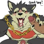  black_eyes blush canine chain cum cum_in_mouth cum_inside dog erection fellatio garmr loidzhander male male/male mammal muscular muscular_male oral penis sex tokyo_afterschool_summoners 