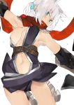  aqua_eyes armpits assassin_cross belt blush boots breasts cleavage dagger elbow_gloves gloves iidzuka_idzu jamadhar large_breasts navel ragnarok_online scarf short_hair solo weapon white_hair 