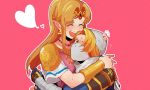  armor beachricefield blonde_hair blush closed_eyes dual_persona highres hug long_hair multiple_girls princess_zelda red_eyes reverse_trap sheik smile super_smash_bros. super_smash_bros._ultimate surcoat the_legend_of_zelda the_legend_of_zelda:_a_link_between_worlds the_legend_of_zelda:_ocarina_of_time turban 