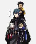  1girl 3boys angry armor black_eyes blonde_hair blue_eyes blue_hair brown_hair byleth cape carrying claude_von_regan_(fire_emblem) cravat dark_skin dimitri_alexandre_bladud_(fire_emblem) edelgard_von_hresvelgr_(fire_emblem) fire_emblem fire_emblem:_fuukasetsugetsu gloves hair_ornament highres ikeimen long_hair male_focus multiple_boys short_hair simple_background smile spoken_ellipsis sweatdrop uniform younger 