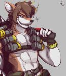  anthro blue_eyes canine grin jigglet junkrat looking_at_viewer male mammal muscular muscular_male overwatch sharp_teeth smile solo teeth video_games 