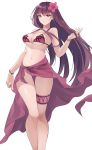  absurdres bare_legs bikini bracelet breasts cropped_legs fate/grand_order fate_(series) flower hair_flower hair_ornament hibiscus highres jewelry large_breasts legs long_hair looking_at_viewer misaki159123 purple_bikini purple_eyes purple_hair purple_sarong sarong scathach_(fate)_(all) scathach_(swimsuit_assassin)_(fate) simple_background smile solo standing swimsuit thighlet underboob white_background 