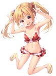  :d bikini blonde_hair commentary_request double_w frilled_bikini frills full_body hair_ornament hands_up heart long_hair looking_at_viewer navel nullken open_mouth original plaid plaid_bikini red_bikini simple_background smile solo swimsuit twintails w white_background 