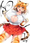  animal_ears animal_print ass_visible_through_thighs bangs blonde_hair breast_pocket breasts buttons center_opening cleavage cleavage_cutout collarbone collared_shirt commentary_request cowboy_shot dated extra_ears eyebrows_visible_through_hair fang flying_button garter_straps gloves hands_up happa_(cloverppd) huge_breasts kemono_friends medium_hair miniskirt multicolored_hair open_mouth plaid plaid_skirt pocket popped_button print_gloves print_legwear red_skirt shirt short_sleeves signature simple_background skindentation skirt solo standing tail thighhighs tiger_(kemono_friends) tiger_ears tiger_print tiger_tail two-tone_hair wardrobe_malfunction white_background white_hair white_shirt wing_collar yellow_eyes zettai_ryouiki 