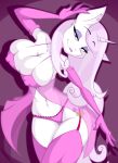  2018 anthro anthrofied armwear big_breasts breasts cleavage clothed clothing cutie_mark digital_media_(artwork) elbow_gloves equine eyes_closed eyeshadow female fleur_de_lis_(mlp) friendship_is_magic gloves hair hi_res horn jrvanesbroek legwear lingerie makeup mammal multicolored_hair my_little_pony navel nipple_bulge panties pose purple_eyes purple_theme skimpy smile solo stockings two_tone_hair underwear unicorn 