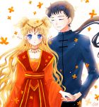  :&lt; alternate_costume alternate_hairstyle androgynous bishoujo_senshi_sailor_moon black_hair blonde_hair blue_eyes chinese_clothes closed_eyes earrings eyeshadow hair_ornament hanfu highres hoshikuzu_(milkyway792) jewelry long_hair looking_at_viewer low_ponytail makeup multiple_girls necklace ponytail seiya_kou signature simple_background smile touching tsukino_usagi very_long_hair wavy_hair white_background wide_sleeves 