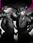  2018 abstract_background brothers clothed clothing conditional_dnp duo faraden glowing glowing_eyes grin halftone jack_(ratte) jake_(ratte) looking_at_viewer magic male mammal marsupial monochrome open_mouth opossum pink_eyes ratte sibling smile spot_color suit 