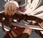  ahoge arm_guards bangs black_bow black_legwear bow breasts closed_mouth commentary_request cowboy_shot dark_skin fate/grand_order fate_(series) hair_between_eyes hair_bow hair_ornament holding holding_sword holding_weapon katana large_breasts long_hair okita_souji_(alter)_(fate) okita_souji_(fate)_(all) silver_hair solo sword tassel teke_(exploration) thighhighs v-shaped_eyebrows very_long_hair weapon yellow_eyes 