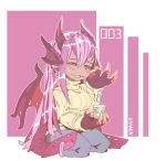  :3 animal_ears artist_name blue_pants chibi claws commentary cup dragon_horns dragon_wings english_commentary extra_mouth half-closed_eyes hand_up head_fins heart highres holding horns jabberwock_(monster_girl_encyclopedia) long_hair looking_at_viewer monster_girl monster_girl_encyclopedia multicolored_hair pants parted_lips pink_background pink_hair purple_hair ramenwarwok red_eyes seiza sitting smile solo streaked_hair sweater tentacles wings yellow_sweater 