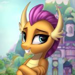  2018 absurd_res ambiguous_gender anthro building crossed_arms detailed_background digital_media_(artwork) dragon friendship_is_magic grin hi_res horn my_little_pony outside setharu smile smolder_(mlp) solo tree 