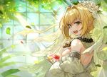  :d ahoge blonde_hair breasts chain fate/grand_order fate_(series) flower gloves green_eyes hair_flower hair_intakes hair_ornament holding holding_flower lock looking_at_viewer medium_breasts nero_claudius_(bride)_(fate) nero_claudius_(fate)_(all) open_mouth padlock petals short_hair sideboob smile solo upper_body veil white_gloves white_sleeves yuu_(higashi_no_penguin) 