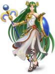  3d armpits asymmetrical_footwear asymmetrical_legwear bangs bare_shoulders belt collarbone dress full_body green_eyes green_hair high_heels highres jewelry kid_icarus kid_icarus_uprising long_hair official_art palutena parted_bangs shield single_thighhigh solo staff strapless strapless_dress super_smash_bros. super_smash_bros._ultimate thighhighs tiara transparent_background very_long_hair white_legwear 