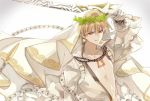  bare_chest blonde_hair chain collarbone cosplay ea_(fate/stay_night) earrings fate/grand_order fate_(series) gilgamesh head_wreath holding holding_sword holding_weapon jewelry looking_at_viewer male_focus nero_claudius_(bride)_(fate) nero_claudius_(bride)_(fate)_(cosplay) nero_claudius_(fate)_(all) red_eyes simple_background smile solo sword upper_body veil weapon white white_background xiaoxue 
