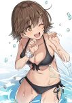  ;d bikini black_bikini breasts brown_eyes brown_hair cleavage commentary_request cowboy_shot cure_slum front-tie_top hair_ornament hairclip honda_mio idolmaster idolmaster_cinderella_girls medium_breasts one_eye_closed open_mouth scrunchie short_hair side-tie_bikini smile solo splashing standing swimsuit white_scrunchie wrist_scrunchie 