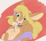  &lt;3 2018 anthro bare_shoulders blonde_hair blue_eyes buckteeth bust_portrait candice_(kencougr) clothing collar dandelion ear_piercing female fur hair holding_object inner_ear_fluff kencougr lagomorph looking_at_viewer mammal multicolored_fur open_mouth open_smile pendant piercing portrait rabbit simple_background smile solo teeth two_tone_fur 