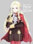  blonde_hair blue_eyes cape cravat edelgard_von_hresvelgr_(fire_emblem) fire_emblem fire_emblem:_fuukasetsugetsu gloves grey_background hair_ornament ippers long_hair looking_at_viewer pantyhose simple_background solo uniform 