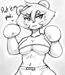  bear beatrice_(darky) belt boxing boxing_gloves breasts clothed clothing english_text female grey_background hair mammal midriff monochrome navel profanity short_hair simple_background sketch solo spikedmauler sport standing text under_boob 