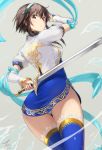  ass blue_legwear blush breasts brown_eyes brown_hair chai_xianghua chinese_clothes closed_mouth commentary_request dress elbow_gloves from_behind gloves headband highres legs_together looking_at_viewer looking_back panties pantyshot pantyshot_(standing) shiny shiny_hair short_hair simple_background skirt solo soulcalibur soulcalibur_vi standing sword tea_(nakenashi) thighhighs underwear upskirt weapon white_gloves white_panties 