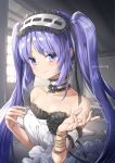  bangs bare_shoulders black_ribbon breasts choker collarbone dress eyebrows_visible_through_hair fate/grand_order fate/hollow_ataraxia fate_(series) hairband headdress lolita_hairband long_hair looking_at_viewer medium_breasts purple_eyes purple_hair ribbon smile solo stheno twintails twitter_username tyone upper_body white_dress window 