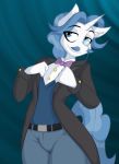  2018 anthro anthrofied blue_eyes blue_hair bow_tie bulge equine fancypants_(mlp) friendship_is_magic hair horn jrvanesbroek male mammal monacle my_little_pony solo tuxedo unicorn 