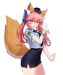  absurdres animal_ear_fluff animal_ears breasts cuffs fang fate/extella fate/extra fate_(series) female_service_cap fox_ears fox_tail gloves handcuffs hat highres large_breasts miniskirt narynn necktie open_mouth pencil_skirt pink_hair police police_hat police_uniform policewoman simple_background skirt solo tail tamamo_(fate)_(all) tamamo_no_mae_(fate) uniform white_background yellow_eyes 