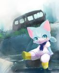  1girl artist_request blue_eyes blue_hair boots cat cat_busters furry grass open_mouth sitting solo 