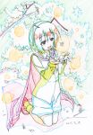  :d antennae blouse bug bush cape colored_pencil_(medium) dated eyebrows_visible_through_hair firefly graphite_(medium) green_hair highres insect kneeling long_sleeves looking_at_viewer open_mouth pink_x red_eyes red_footwear shoes shorts smile socks solo touhou traditional_media wriggle_nightbug yellow_legwear 