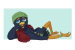  animal_crossing avian beanie censored clothed clothing facial_hair goatee half_clothed hat jacques_(animal_crossing) naughtycactus nintendo open_shirt pinup pose pubes reclining simple_background video_games 