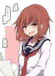  absurdres blush breasts brown_eyes brown_hair commentary hair_ornament hairclip highres holding holding_paper ikazuchi_(kantai_collection) kantai_collection long_sleeves looking_at_viewer medium_breasts paper sakakiba_misogi school_uniform serafuku solo speech_bubble translated 