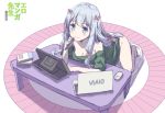  bent_over blue_eyes blue_hair bow breasts cleavage commentary computer copyright_name english_commentary eromanga_sensei hair_bow hand_up izumi_sagiri kneeling kotatsu laptop long_hair medium_breasts mouse_(computer) naked_shirt red_bow shirt smile solo stylus table tablet tonee 