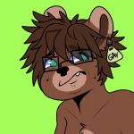  animated anthro bear bouncing brown_fur brown_hair chest_tuft ear_tag eyewear fur glasses green_background green_eyes hair male mammal multicolored_fur simple_background solo sweat text tuft two_tone_fur unknown_artist 