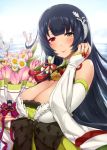  bangs bare_shoulders black_hair blue_sky blush bouquet breasts bridal_gauntlets cleavage closed_mouth cloud commentary_request darkmaya day detached_sleeves dress eyebrows_visible_through_hair flower furisode green_dress green_eyes hair_between_eyes hair_ornament hair_ribbon hair_tubes hakama hand_up heterochromia holding holding_bouquet japanese_clothes jewelry kantai_collection kimono large_breasts long_hair long_sleeves looking_at_viewer mizuho_(kantai_collection) obi ocean outdoors parted_lips red_eyes ribbon ring sash sidelocks sky sleeves_past_wrists smile solo upper_body very_long_hair wedding_ring 