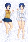  barefoot blue_eyes blue_hair blue_skirt blush bow bow_panties breasts ciel closed_mouth commentary_request dakimakura glasses highres large_breasts looking_at_viewer lying multiple_views neck_ribbon on_back panties pleated_skirt red_neckwear red_ribbon ribbon shirt short_hair skirt smile socks standing tonee tsukihime underwear vest white_legwear white_panties white_shirt yellow_vest 