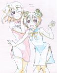  :d bare_arms bare_shoulders blonde_hair blue_dress china_dress chinese_clothes colored_pencil_(medium) dated dress flower graphite_(medium) hair_flower hair_ornament hoshizora_rin kousaka_honoka leaning_forward limited_palette looking_at_viewer love_live! love_live!_school_idol_project multiple_girls one_eye_closed one_side_up open_mouth pink_dress pink_x short_hair short_sleeves smile standing traditional_media 