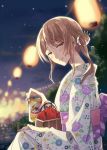  bag bangs beer_can blurry blurry_background blush brown_eyes brown_hair can commentary_request drunk earrings floral_print half-closed_eyes hand_on_own_knee highres holding holding_can japanese_clothes jewelry kimono lantern long_hair long_sleeves looking_at_viewer nekozuki_yuki night night_sky obi original outdoors paper_lantern parted_lips sash scrunchie side_bun signature sitting sky smile solo white_scrunchie yukata 