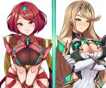  2girls angry armor blonde_hair blush breasts cleavage crossed_arms earrings hikari_(xenoblade_2) homura_(xenoblade_2) jewel large_breasts leaning_forward long_hair looking_at_viewer multiple_girls nintendo parted_lips red_eyes red_hair short_shorts skindentation smile swept_bangs xenoblade xenoblade_(series) xenoblade_2 yellow_eyes 