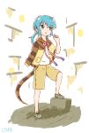  adapted_costume black_eyes blue_hair commentary_request eyebrows_visible_through_hair full_body hair_bobbles hair_ornament highres jacket_on_shoulders kemono_friends long_hair looking_away low_twintails open_mouth ribbon shiraha_maru shorts snake_tail solo tail tsuchinoko_(kemono_friends) twintails 
