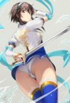 ass blue_legwear blush breasts brown_eyes brown_hair chai_xianghua chinese_clothes closed_mouth commentary_request dress elbow_gloves from_behind gloves headband highres legs_together looking_at_viewer looking_back panties pantyshot pantyshot_(standing) shiny shiny_hair short_hair simple_background skirt solo soulcalibur soulcalibur_vi standing sword tea_(nakenashi) thighhighs underwear upskirt weapon white_gloves white_panties 