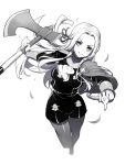  axe bangs breasts cape cravat edelgard_von_hresvelgr_(fire_emblem) fire_emblem fire_emblem:_fuukasetsugetsu forehead greyscale hair_ornament head_tilt holding holding_axe long_hair long_sleeves looking_at_viewer medium_breasts monochrome pantyhose parted_bangs parted_lips ririko_(zhuoyandesailaer) shirt short_shorts shorts simple_background smile solo standing standing_on_one_leg v-shaped_eyebrows very_long_hair white_background 