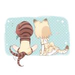  afterimage animal_ears back_bow bare_legs blonde_hair blue_hair blush bow buchi_(y0u0ri_) cat_ears cat_tail commentary_request elbow_gloves facing_away flying_sweatdrops frilled_skirt frills gloves highres hood hoodie kemono_friends multiple_girls sand_cat_(kemono_friends) short_hair sitting skirt sleeveless snake_tail tail tail_wagging tsuchinoko_(kemono_friends) 