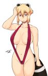  animal_ears araiguma-san areola_slip areolae blonde_hair breasts covered_nipples dated hair_between_eyes jitome large_breasts looking_at_viewer navel original pubic_hair raccoon_ears raccoon_tail red_eyes red_swimsuit short_hair sidelocks slingshot_swimsuit solo standing swimsuit tail thigh_gap tsukudani_(coke-buta) white_background 