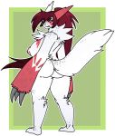  2018 anthro anthrofied big_breasts breasts butt claws demonnyuu female full-length_portrait fur hair hair_over_eye hi_res long_hair looking_back mammal neck_tuft nintendo nipples nude pok&eacute;mon pok&eacute;mon_(species) pok&eacute;morph portrait rear_view red_hair side_boob simple_background solo standing teeth tuft video_games white_fur zangoose 