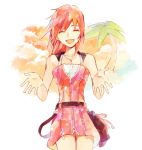  :d ^_^ bare_arms bare_shoulders breasts closed_eyes cloud cowboy_shot dress jewelry kairi_(kingdom_hearts) kingdom_hearts kingdom_hearts_ii medium_hair necklace open_mouth palm_tree pink_dress ramochi_(auti) red_hair short_dress smile solo tree zipper zipper_pull_tab 