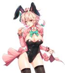  :p animal_ears black_legwear black_leotard blush bow bowtie braid breasts bunny_ears bunnysuit candy cleavage detached_collar fake_animal_ears food hair_ornament hair_ribbon highres jacket jacket_lift large_breasts leotard lollipop looking_at_viewer moing nabi_(soccer_spirits) pink_hair pink_jacket red_eyes ribbon short_braid short_hair simple_background single_braid smile soccer_spirits solo strapless strapless_leotard thighhighs tongue tongue_out white_background 