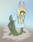  anthro big_breasts biped blonde_hair breasts brown_eyes cleavage clothed clothing dangernoodledraws digital_media_(artwork) dragon female hair horn invalid_tag jewelry looking_at_viewer necklace piercing shorts smile solo voluptuous wide_hips 